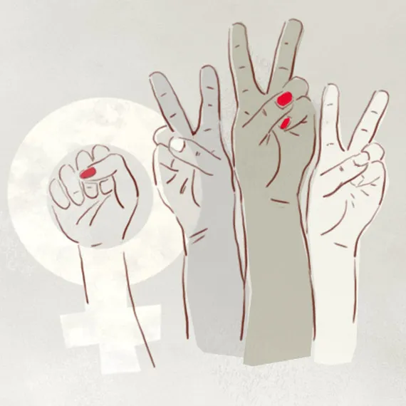 Illustration Frauenzeichen 4 Hände nach oben gestreckt mit rotem Nagellackvon Jumana Hamandouche